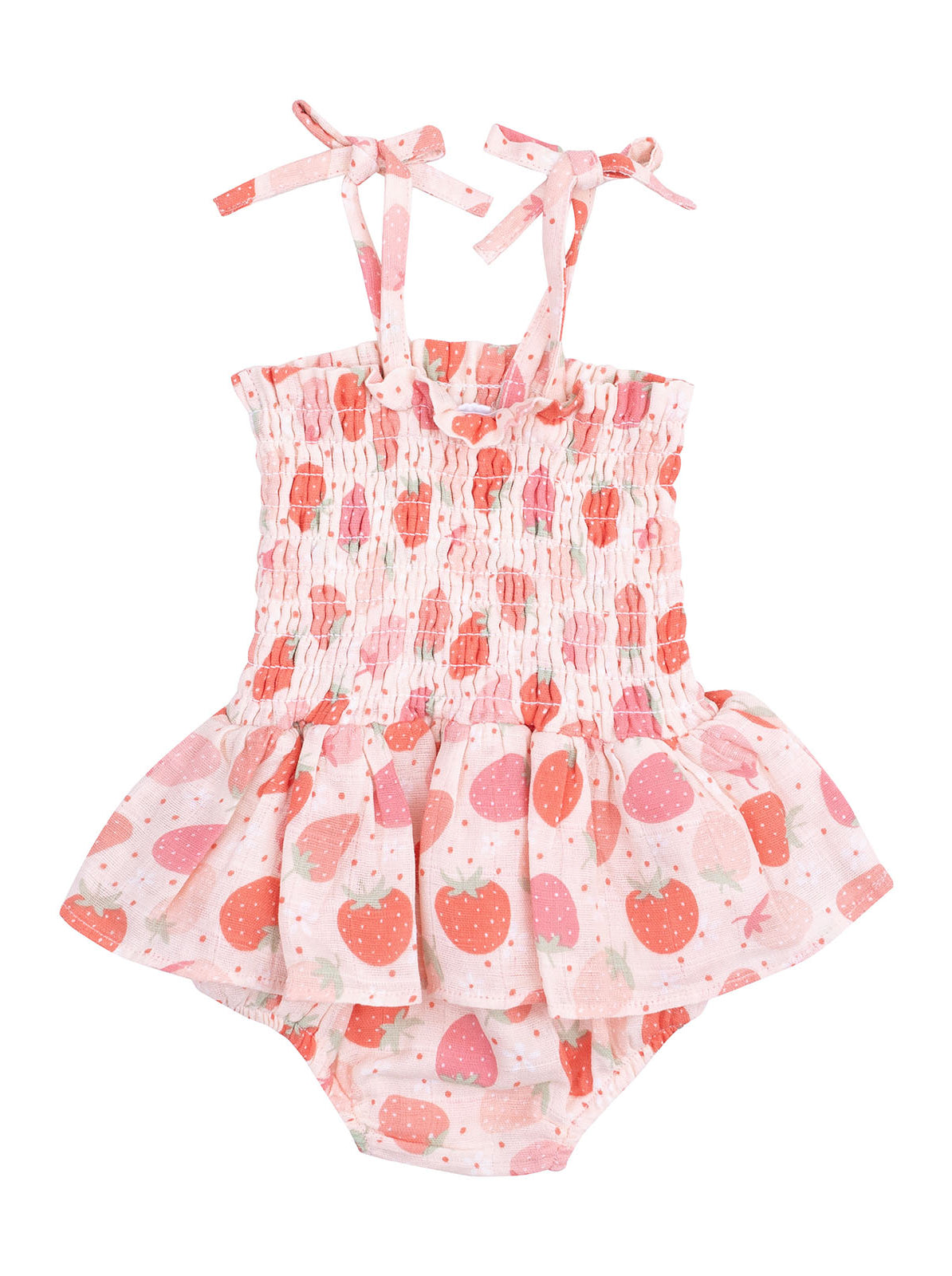 Girls' pink dress with strawberry print and tie straps, featuring a frilled skirt and smocked bodice.