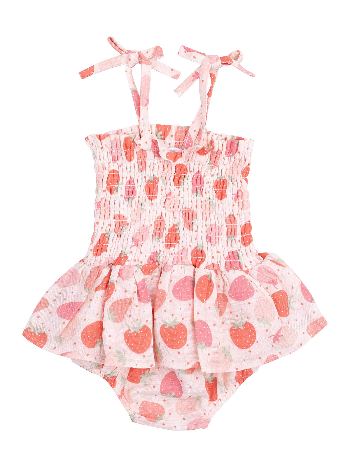 Girls' pink dress with strawberry print and tie straps, featuring a frilled skirt and smocked bodice.