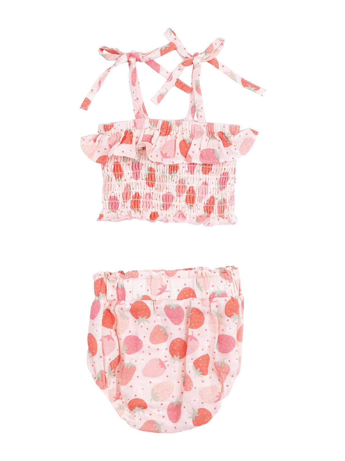 Pink ruffled two-piece swimsuit set with strawberry print, featuring a top and matching bottom.