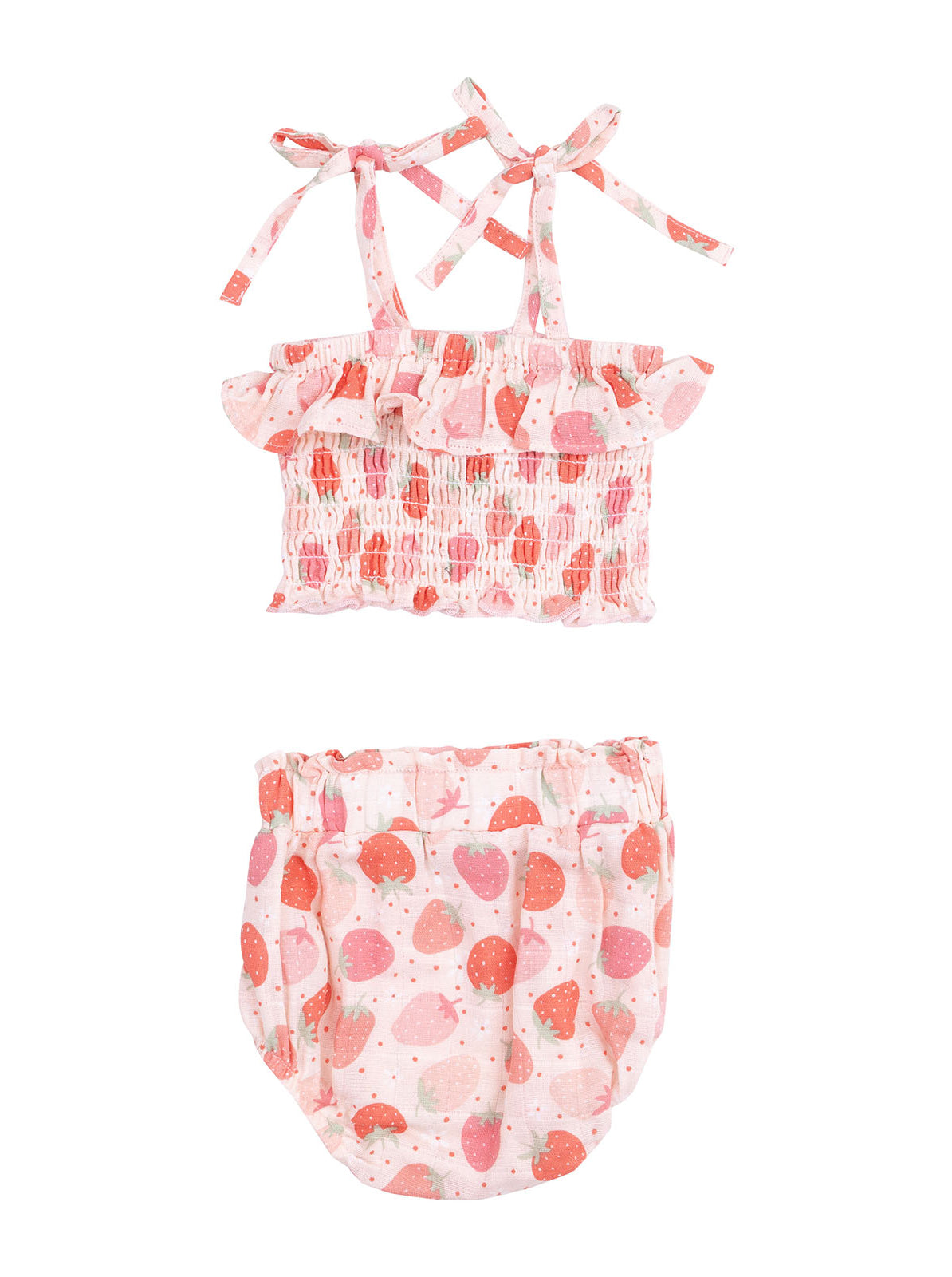 Pink ruffled two-piece swimsuit set with strawberry print, featuring a top and matching bottom.