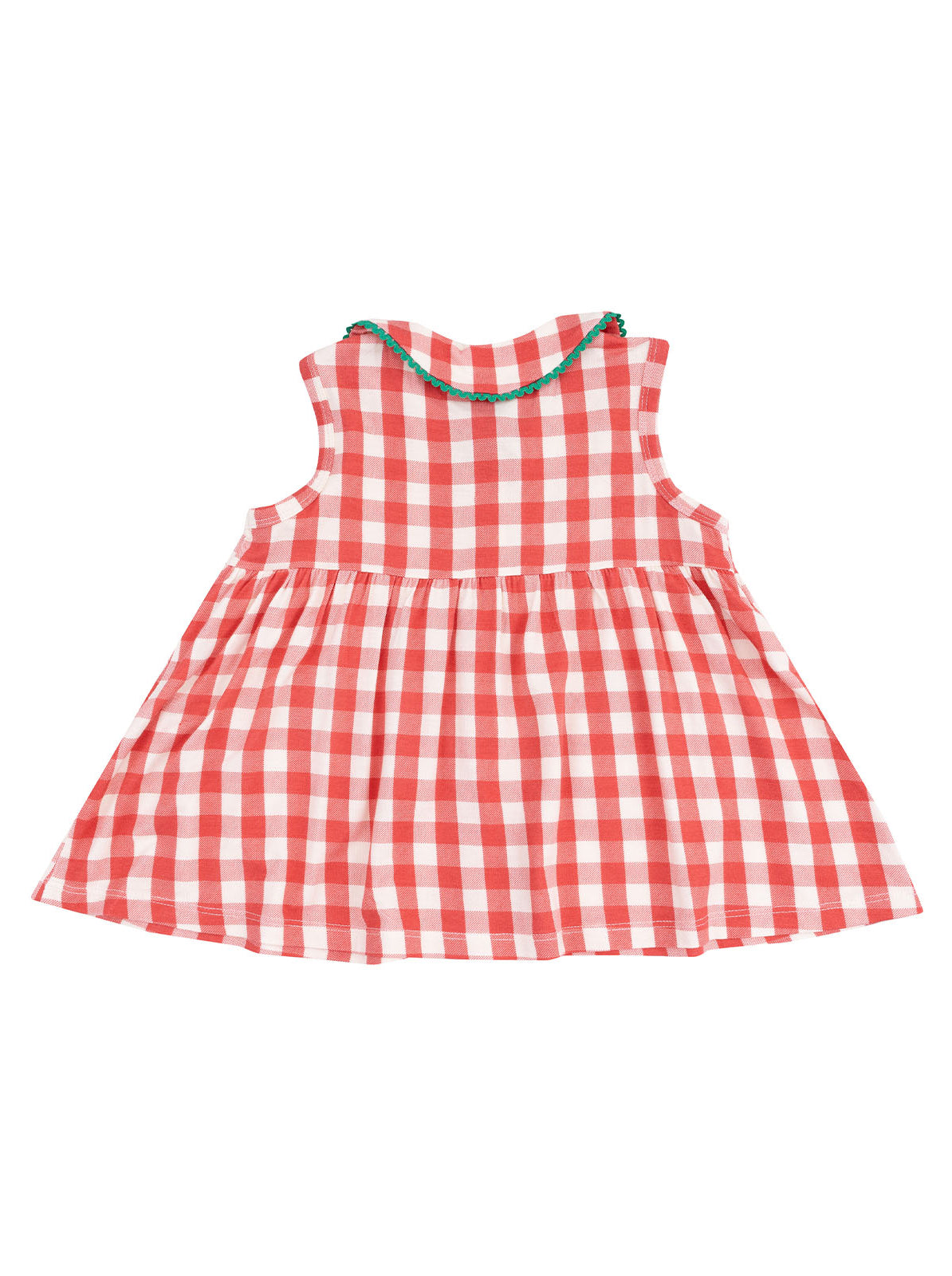 Back view of a red and white checkered dress with a flared skirt and a decorative trim.