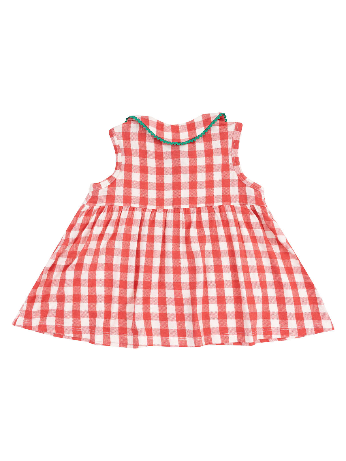 Back view of a red and white checkered dress with a flared skirt and a decorative trim.