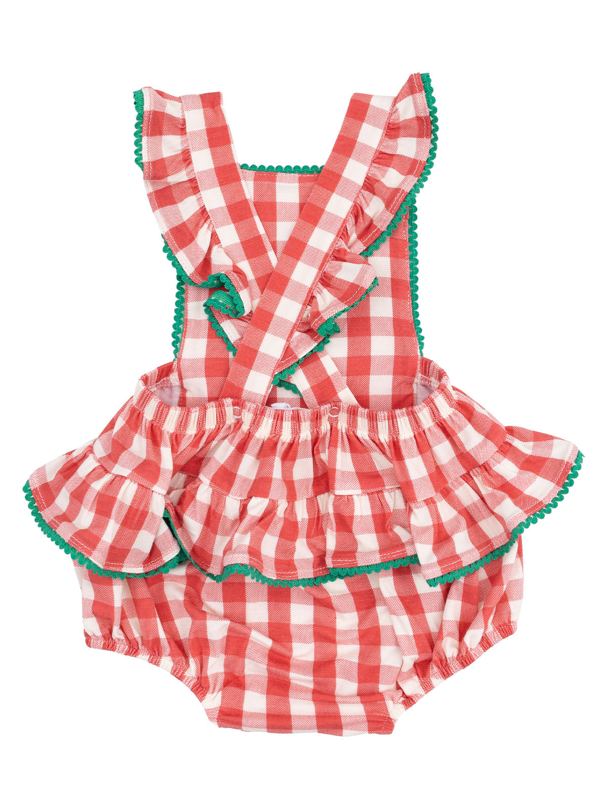 Red and white gingham dress with ruffled straps and green trim for infants.
