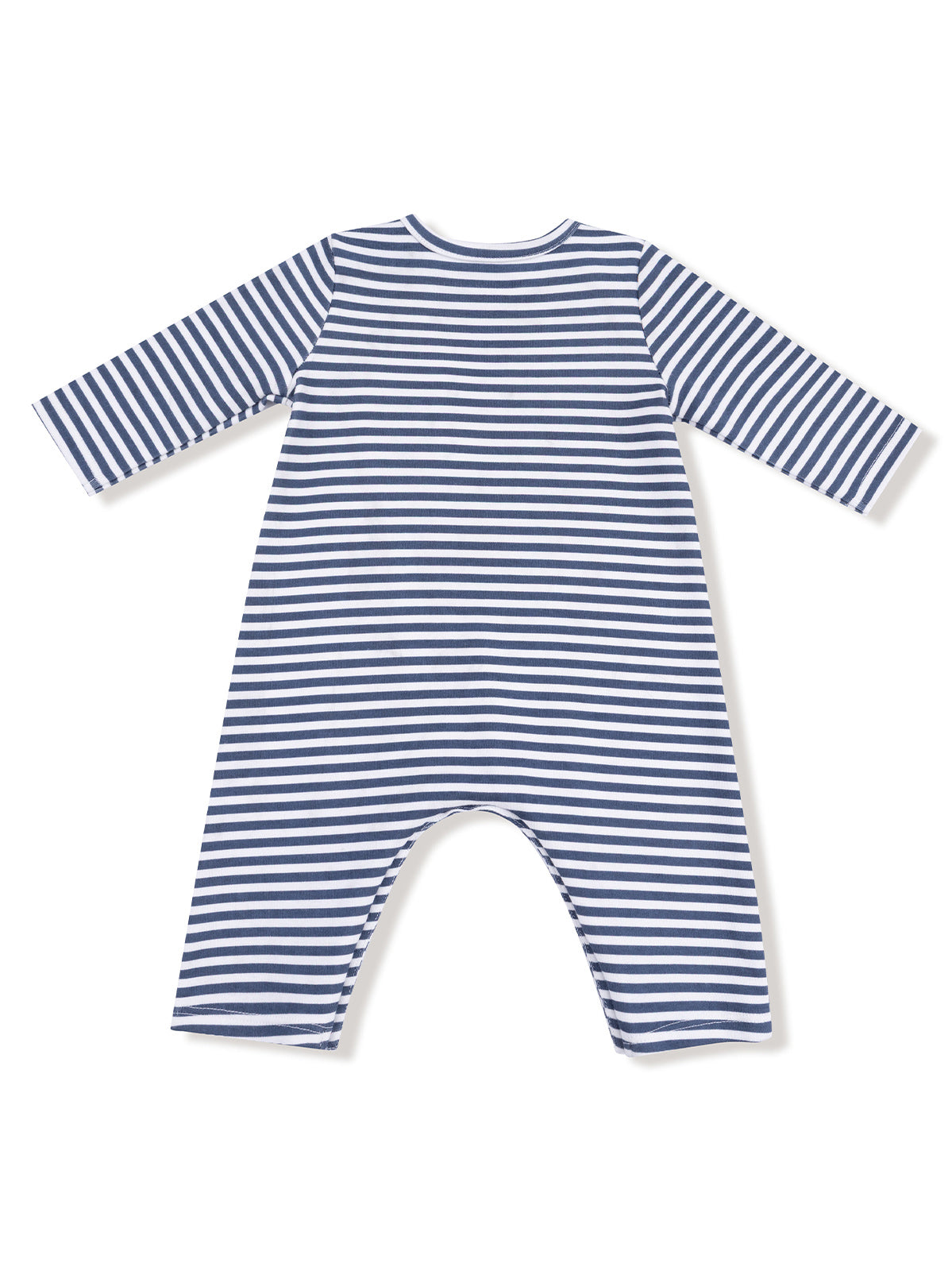 Back view of a striped blue and white baby romper with long sleeves and open legs.