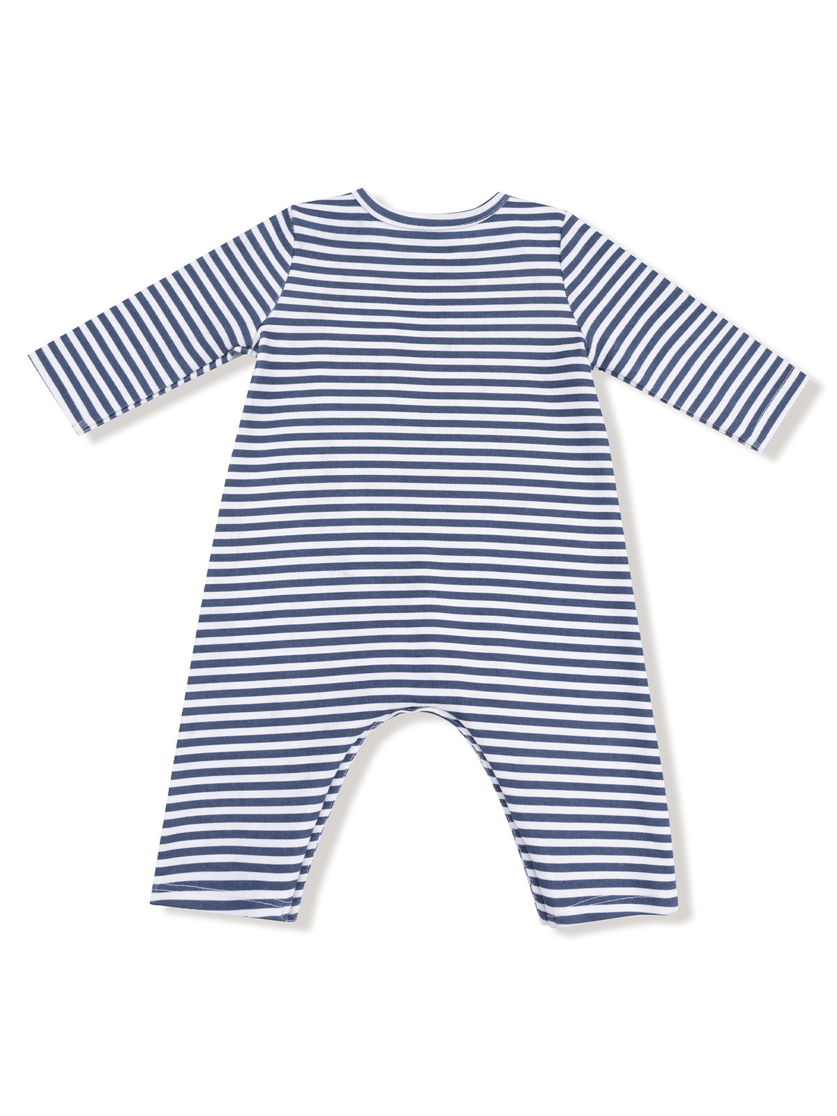 Back view of a striped blue and white baby romper with long sleeves and open legs.