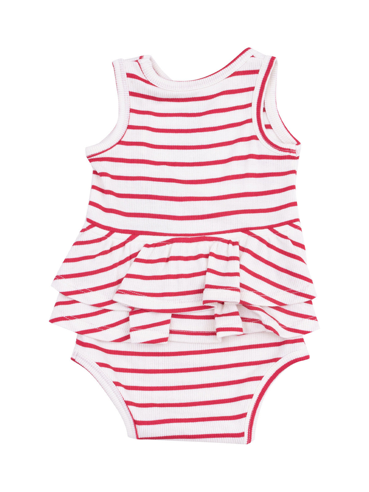 Red and white striped baby dress with a layered ruffle design, soft fabric and sleeveless style.