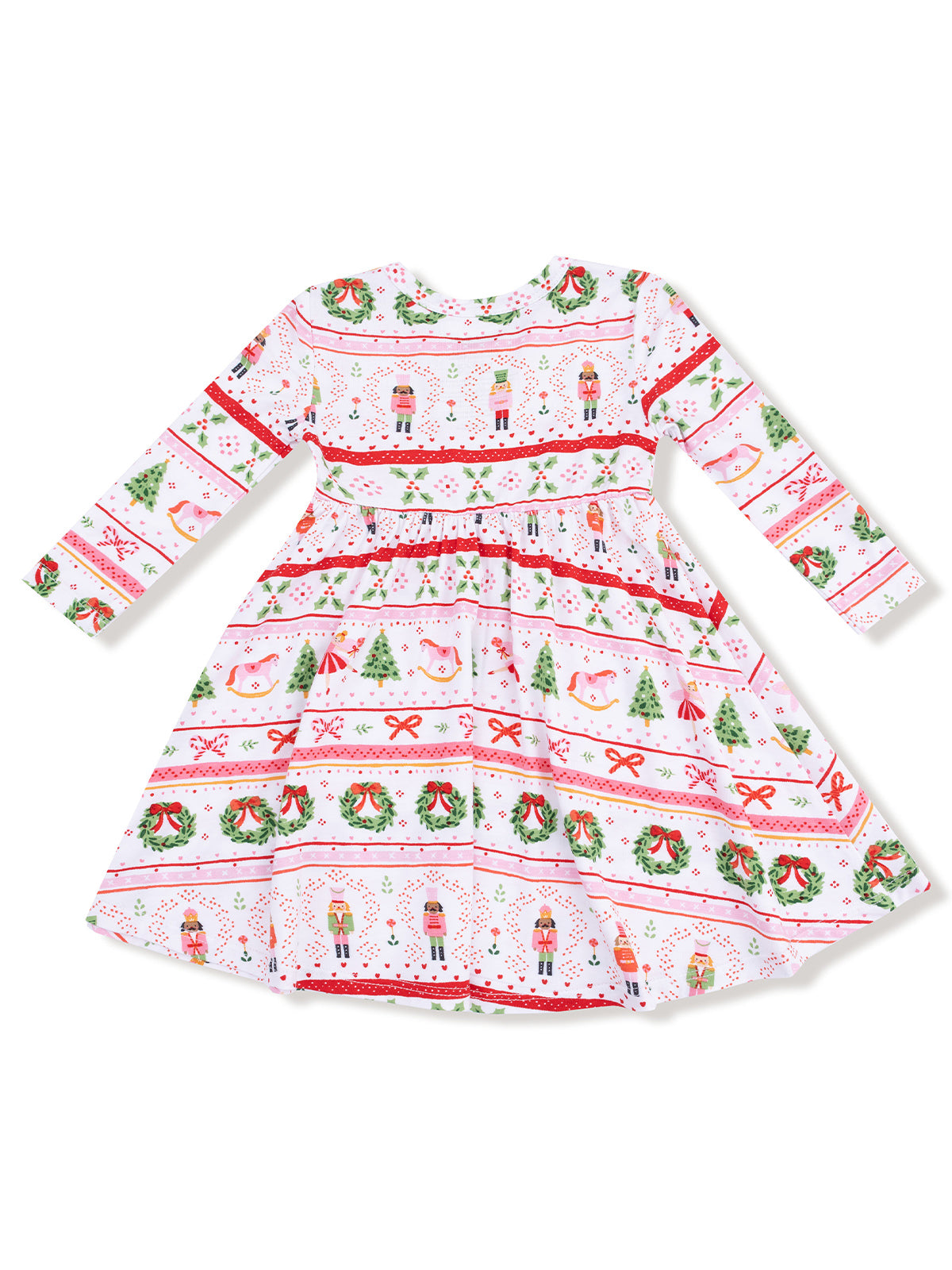 Long sleeve holiday dress with festive print featuring nutcrackers, trees, gifts, and ribbons on a white background.