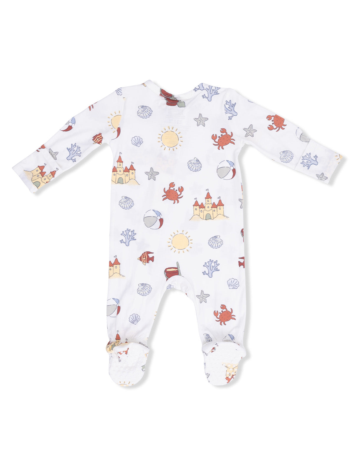 White baby onesie with colorful beach-themed patterns, including crabs, seashells, and sandcastles.