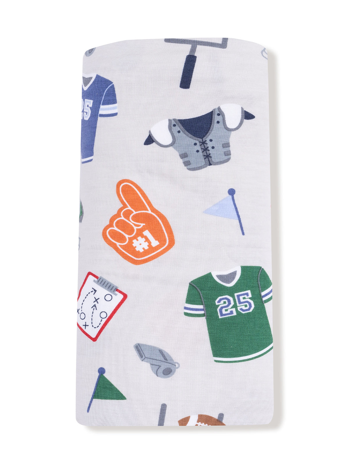 Pattern featuring sports-themed graphics like jerseys, foam fingers, and playbooks on a light background.