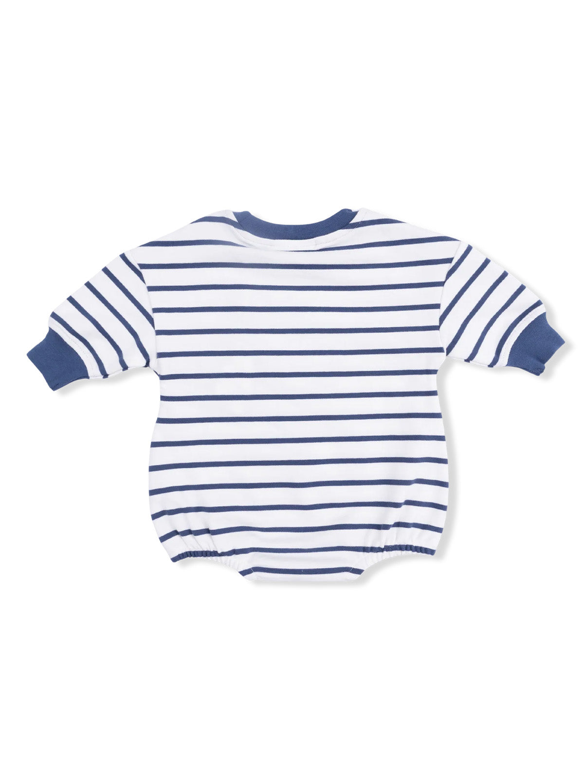 Back view of a striped baby romper in navy blue and white, featuring short sleeves and elastic at the bottom.