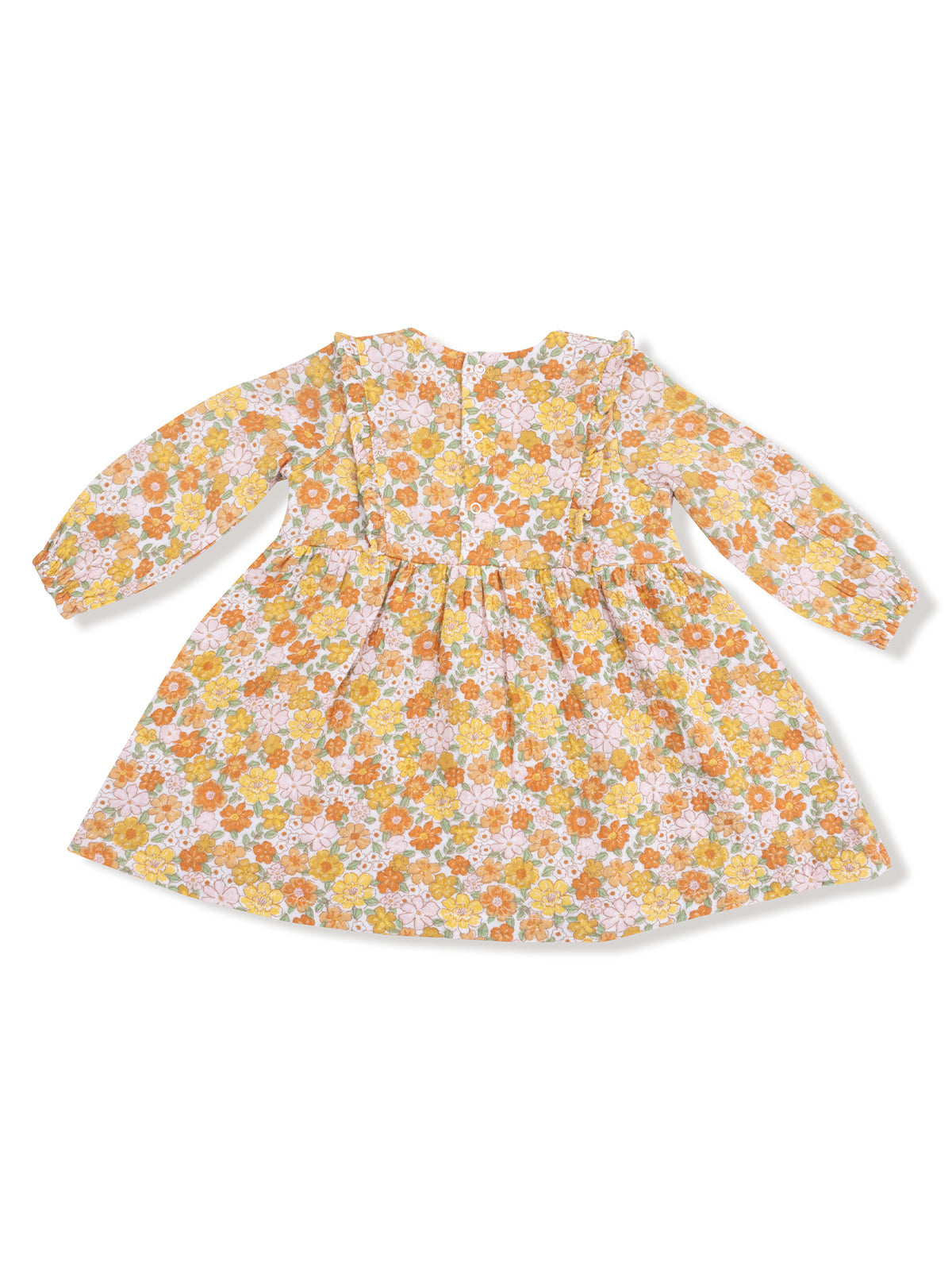 Floral dress with long sleeves, featuring a variety of colorful flowers on a light background.