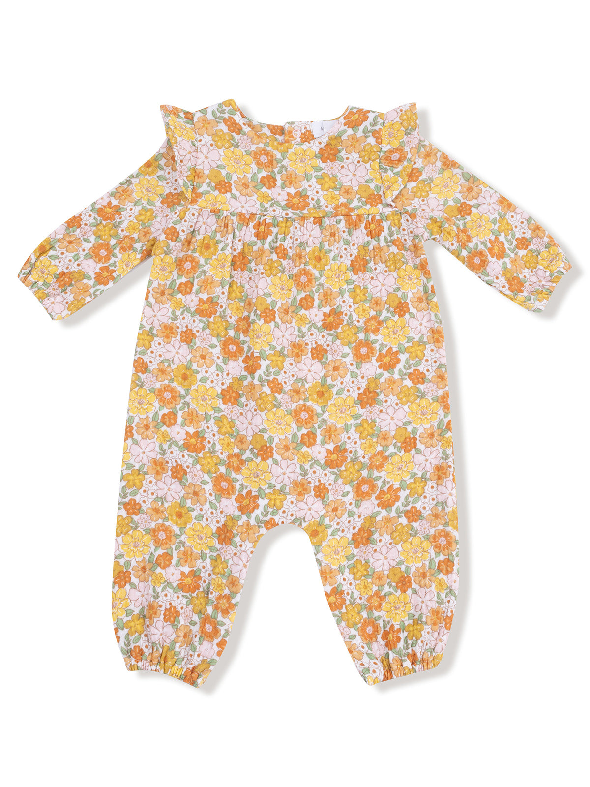 Floral baby romper with long sleeves, ruffled neckline, and elastic cuffs in bright orange, yellow, and pink colors.