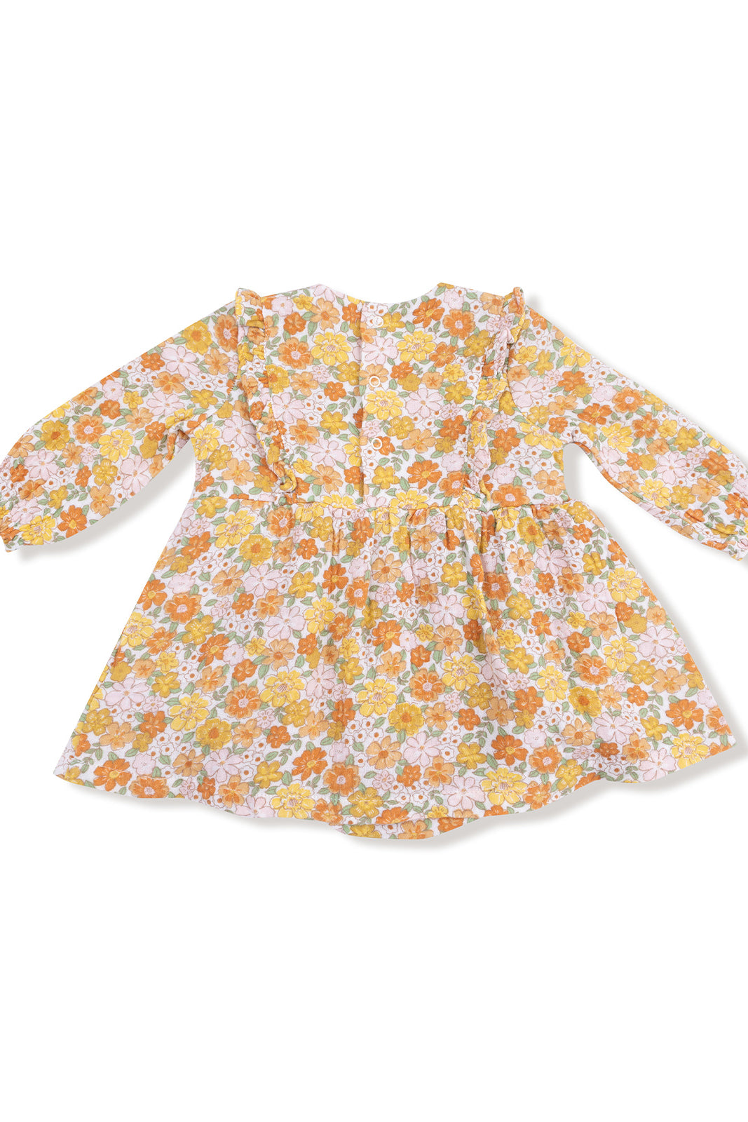 Floral children's dress with long sleeves, featuring bright orange, yellow, and pink flowers on a white background.