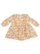 Floral children's dress with long sleeves, featuring bright orange, yellow, and pink flowers on a white background.