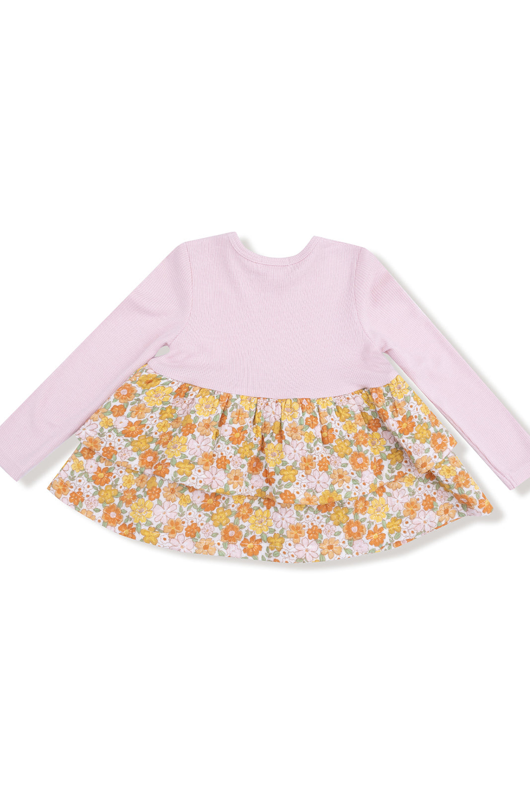 Long-sleeve pink dress with a floral patterned skirt featuring orange, yellow, and white flowers.