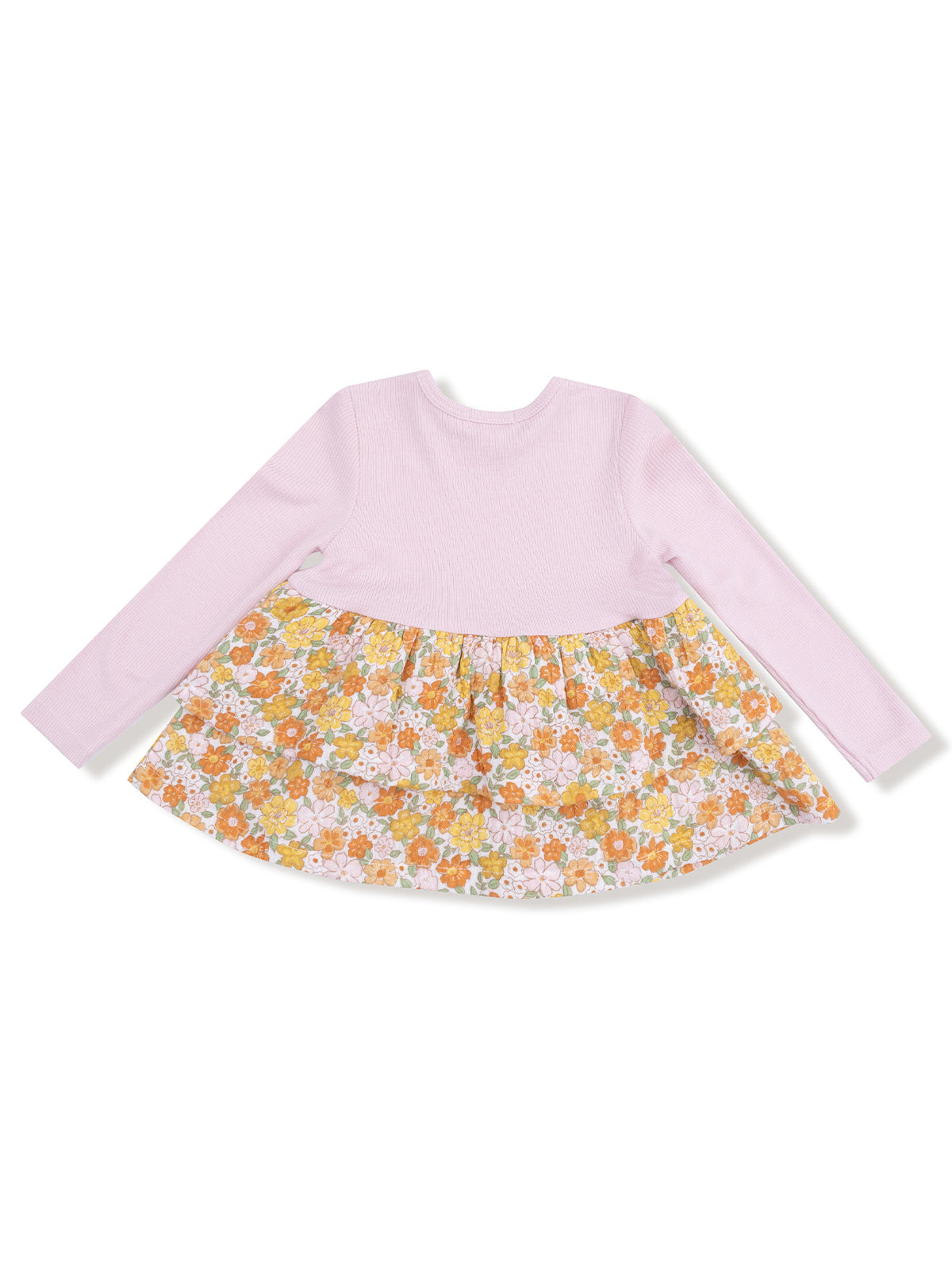 Long-sleeve pink dress with a floral patterned skirt featuring orange, yellow, and white flowers.