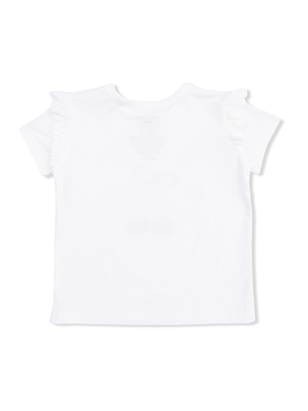 White short-sleeve shirt with ruffled sleeves, displayed from the back.