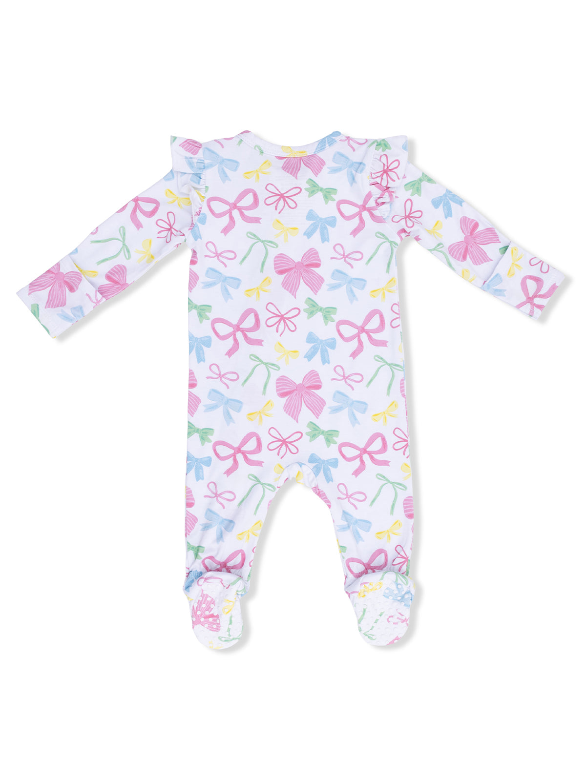 Baby onesie with colorful bow patterns, long sleeves, and ruffled shoulder detail, suitable for infants.