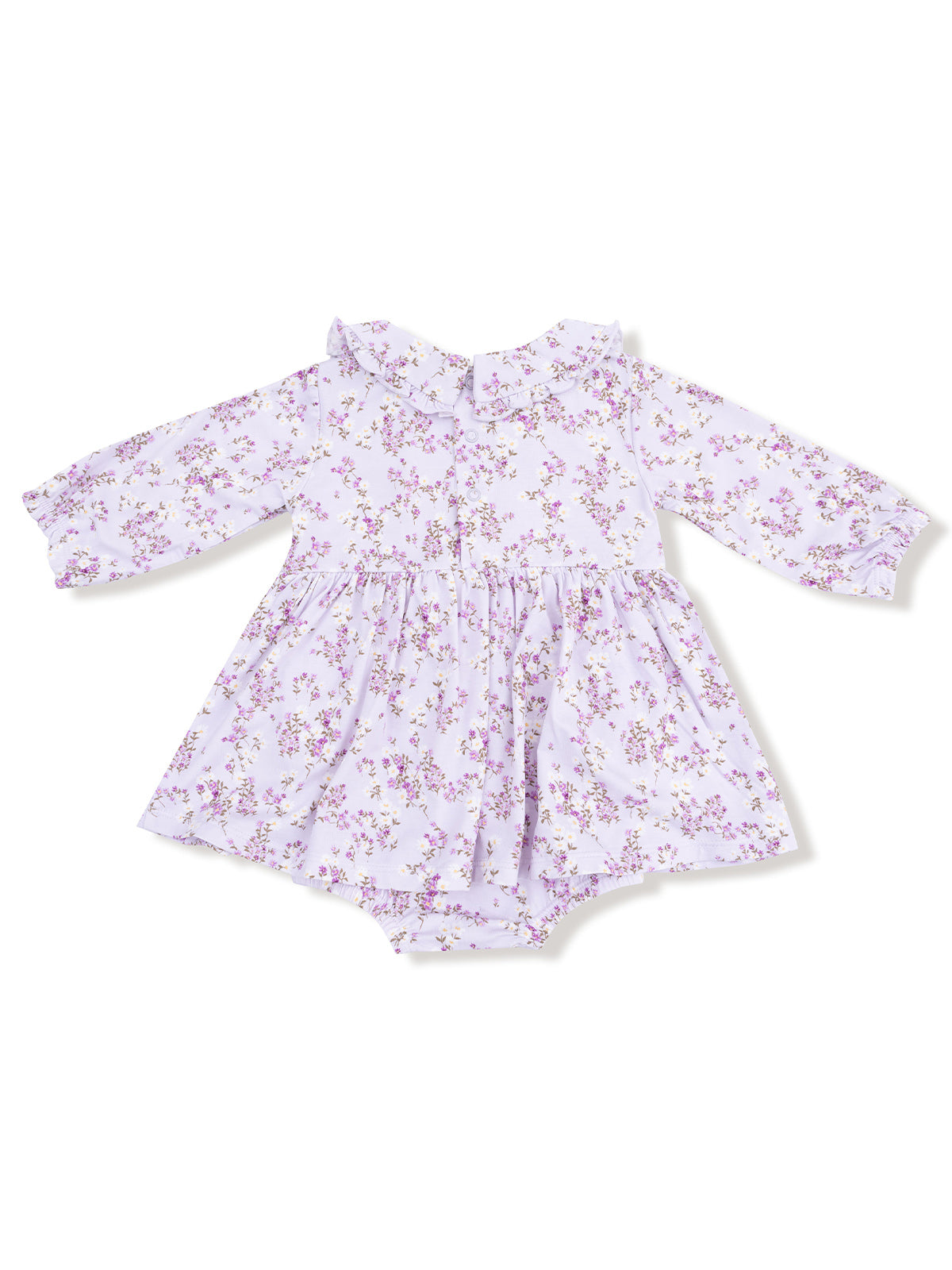 Light purple baby dress with floral pattern and ruffled collar, featuring long sleeves and a fitted bottom.