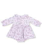Light purple baby dress with floral pattern and ruffled collar, featuring long sleeves and a fitted bottom.