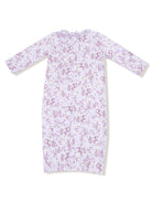 Light purple dress with floral pattern and long sleeves, featuring a gathered hem and a ruffled neckline.