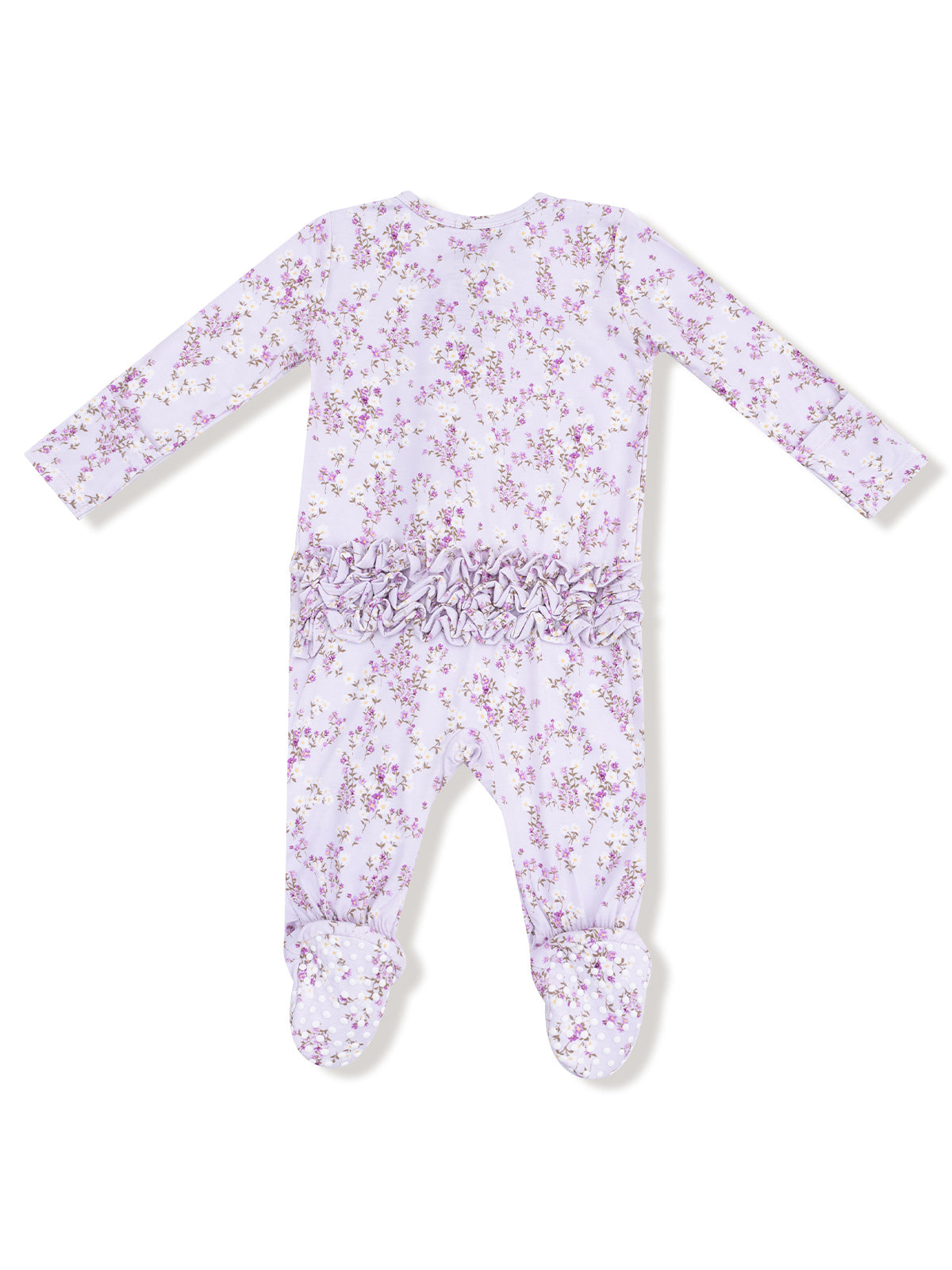 Lilac floral baby onesie with long sleeves and ruffled back, featuring footed design for added warmth.