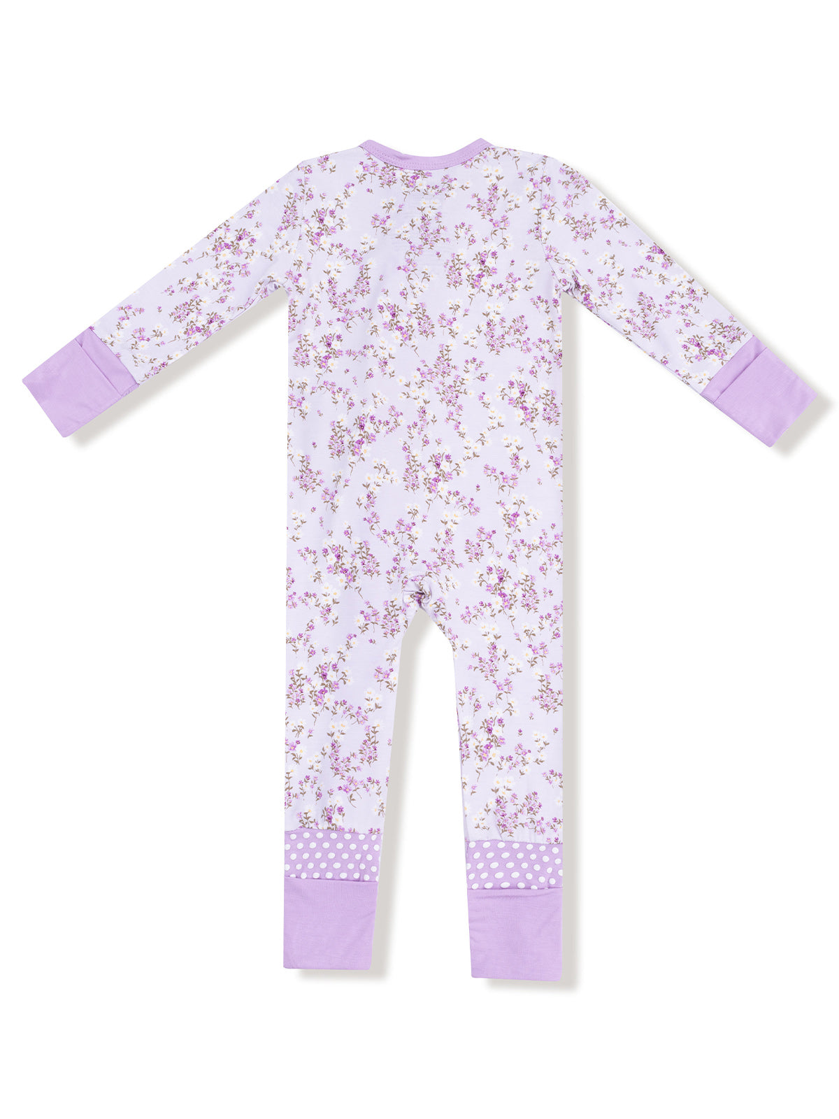 Purple floral pajama onesie, featuring long sleeves and contrasting cuffs and ankle trim.