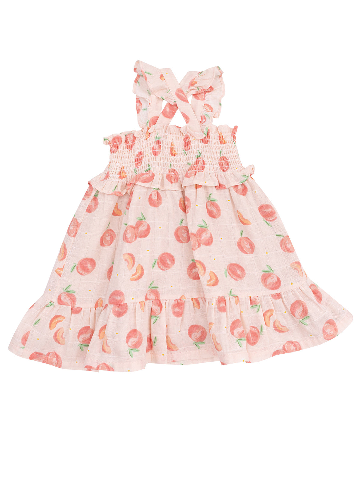Pink dress with peach patterns and cross-back straps, featuring a ruffled hem and smocked bodice.