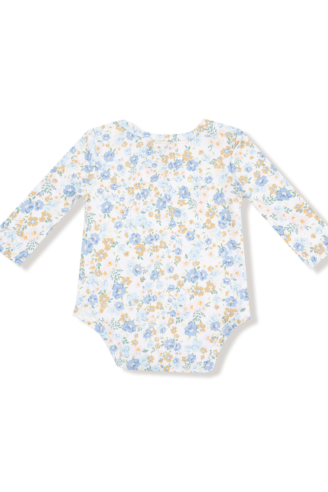 Floral long-sleeve baby bodysuit with a white background, featuring blue and yellow flower patterns.