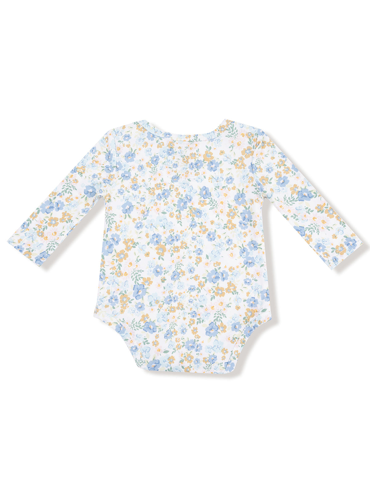 Floral long-sleeve baby bodysuit with a white background, featuring blue and yellow flower patterns.
