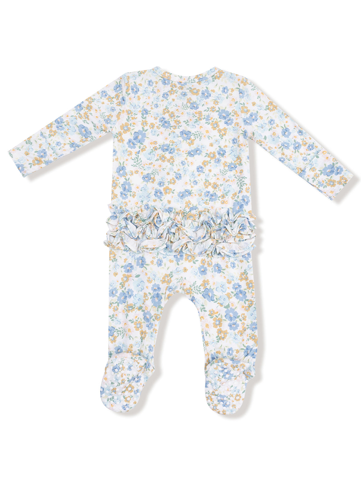 Floral baby romper with long sleeves and ruffled detail on the back, featuring blue and yellow flowers.