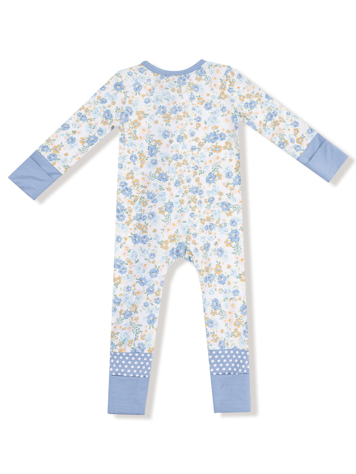 Back view of a floral print children's onesie with blue accents and polka dot cuffs.