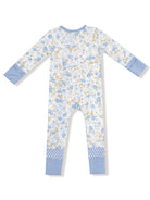 Back view of a floral print children's onesie with blue accents and polka dot cuffs.