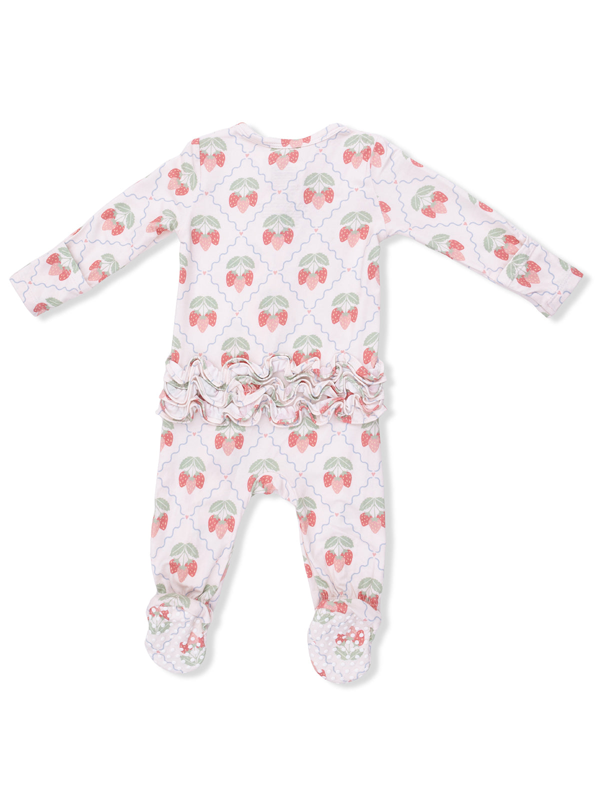 Back view of a baby onesie with a strawberry pattern and ruffled detailing along the waist and legs.