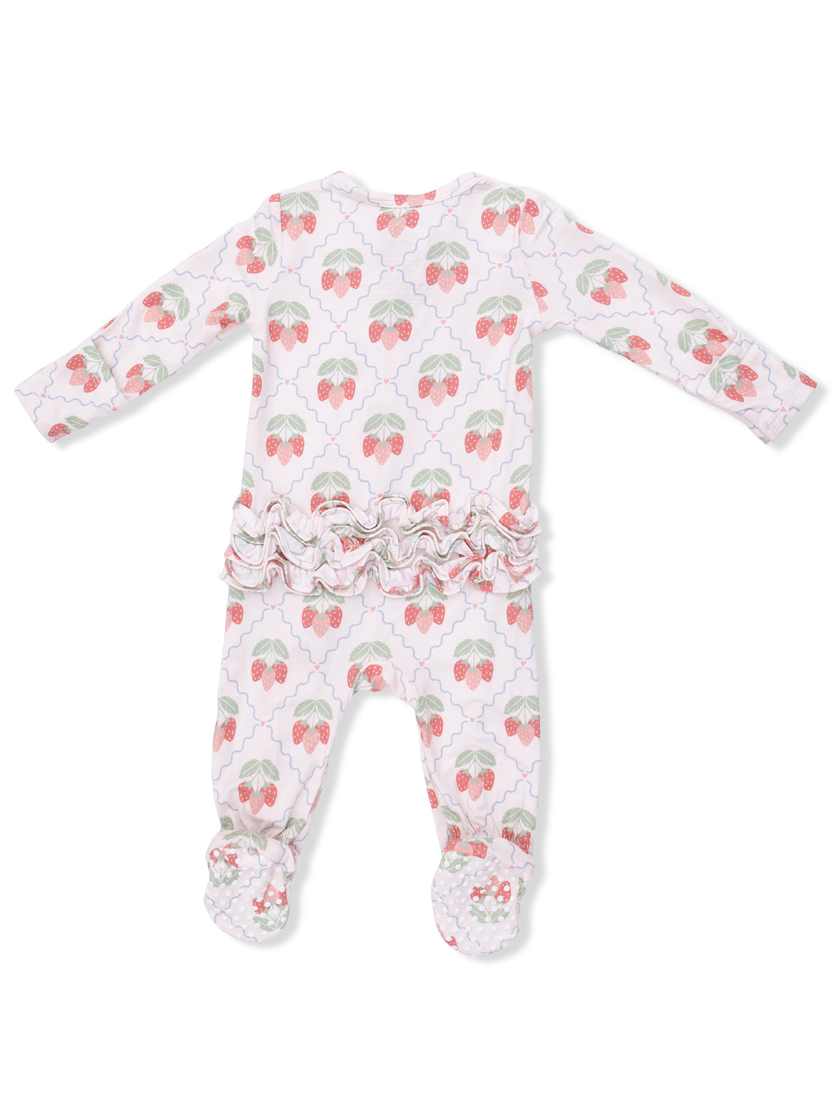 Back view of a baby onesie with a strawberry pattern and ruffled detailing along the waist and legs.
