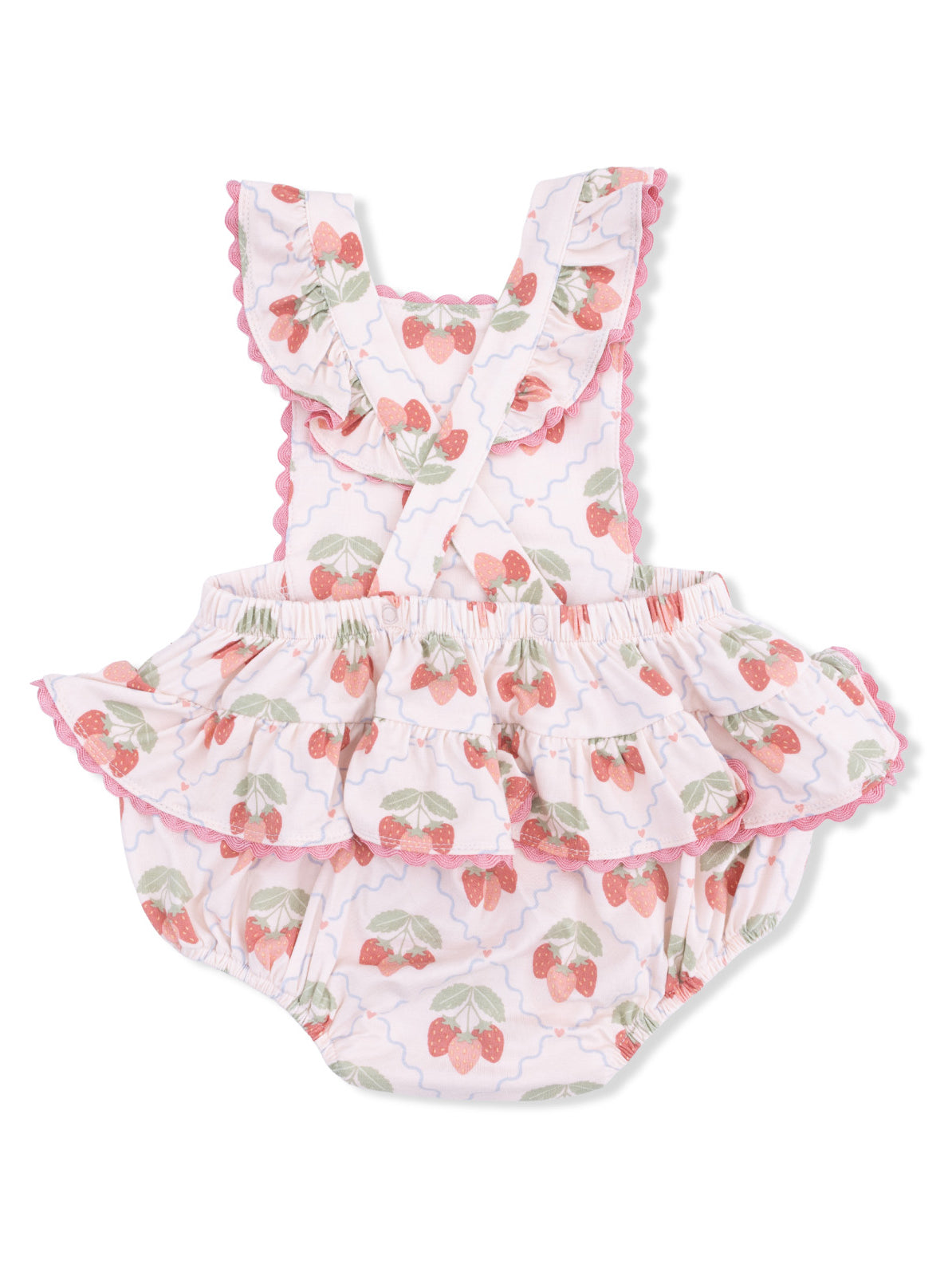 Strawberry-patterned baby romper with a ruffled top and pink trim, perfect for warm weather.