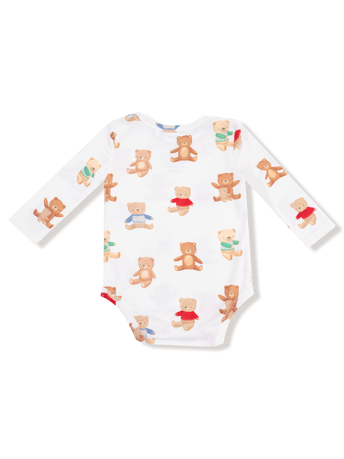 White baby onesie with long sleeves, featuring a pattern of cute teddy bears in various colors.