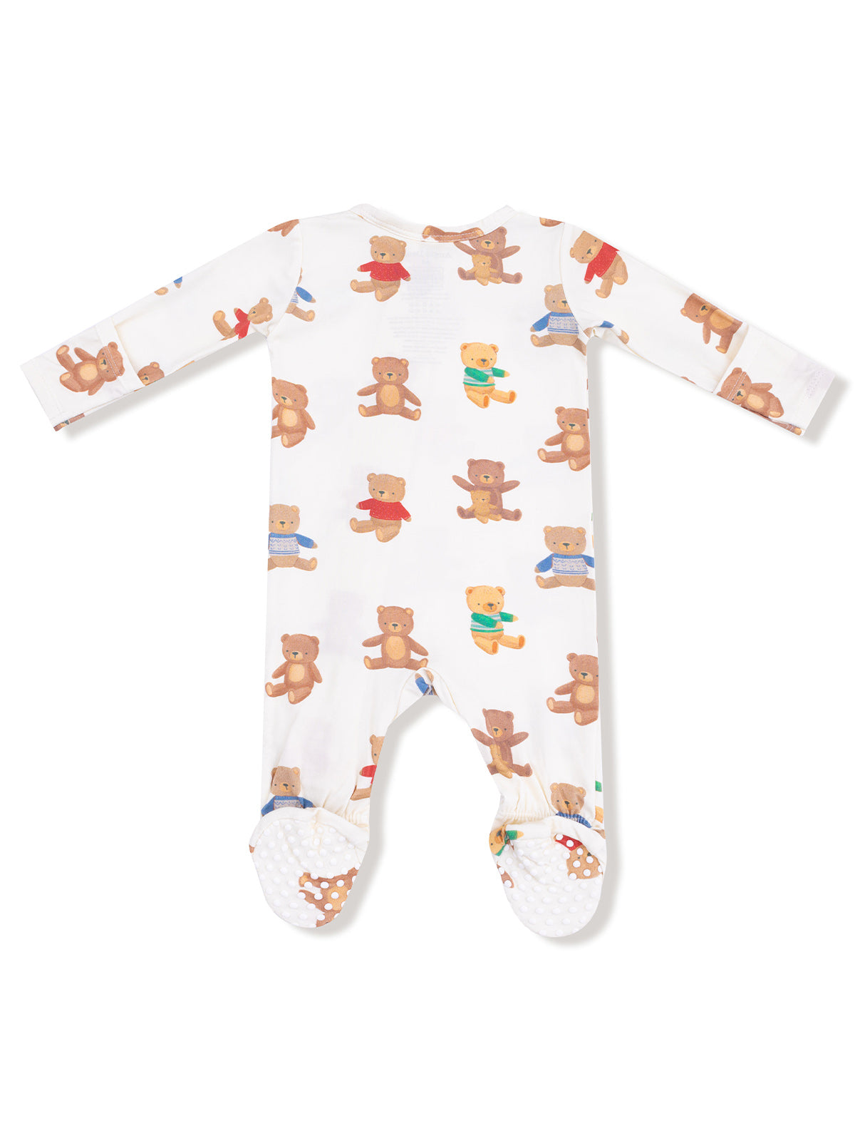 White baby onesie covered in colorful teddy bear patterns. Features long sleeves and footed design.