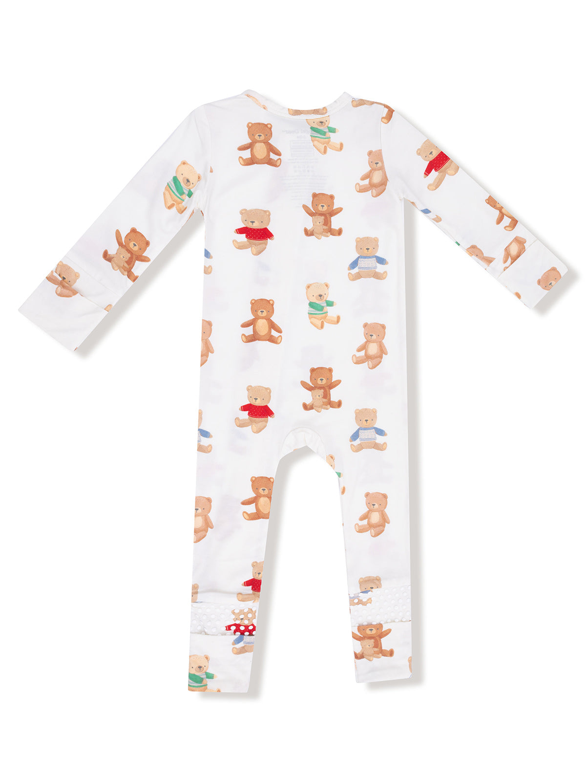 White long-sleeve onesie with colorful teddy bear patterns featured on the back.