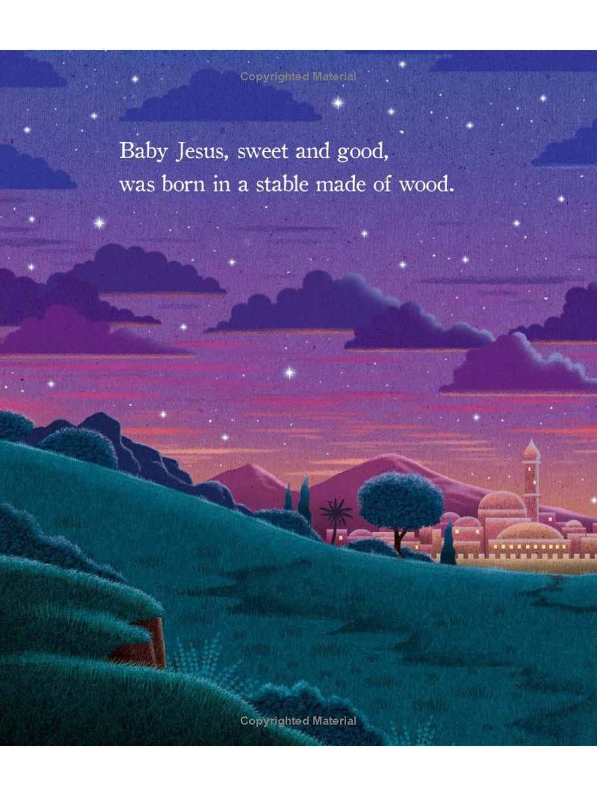 Illustration of a night sky with stars and hills, featuring text about Baby Jesus born in a wooden stable.