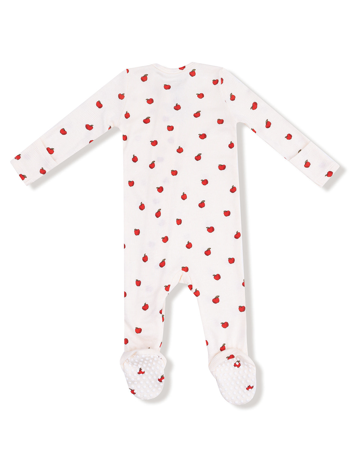 White baby onesie with red strawberry print and textured soles, viewed from the back.
