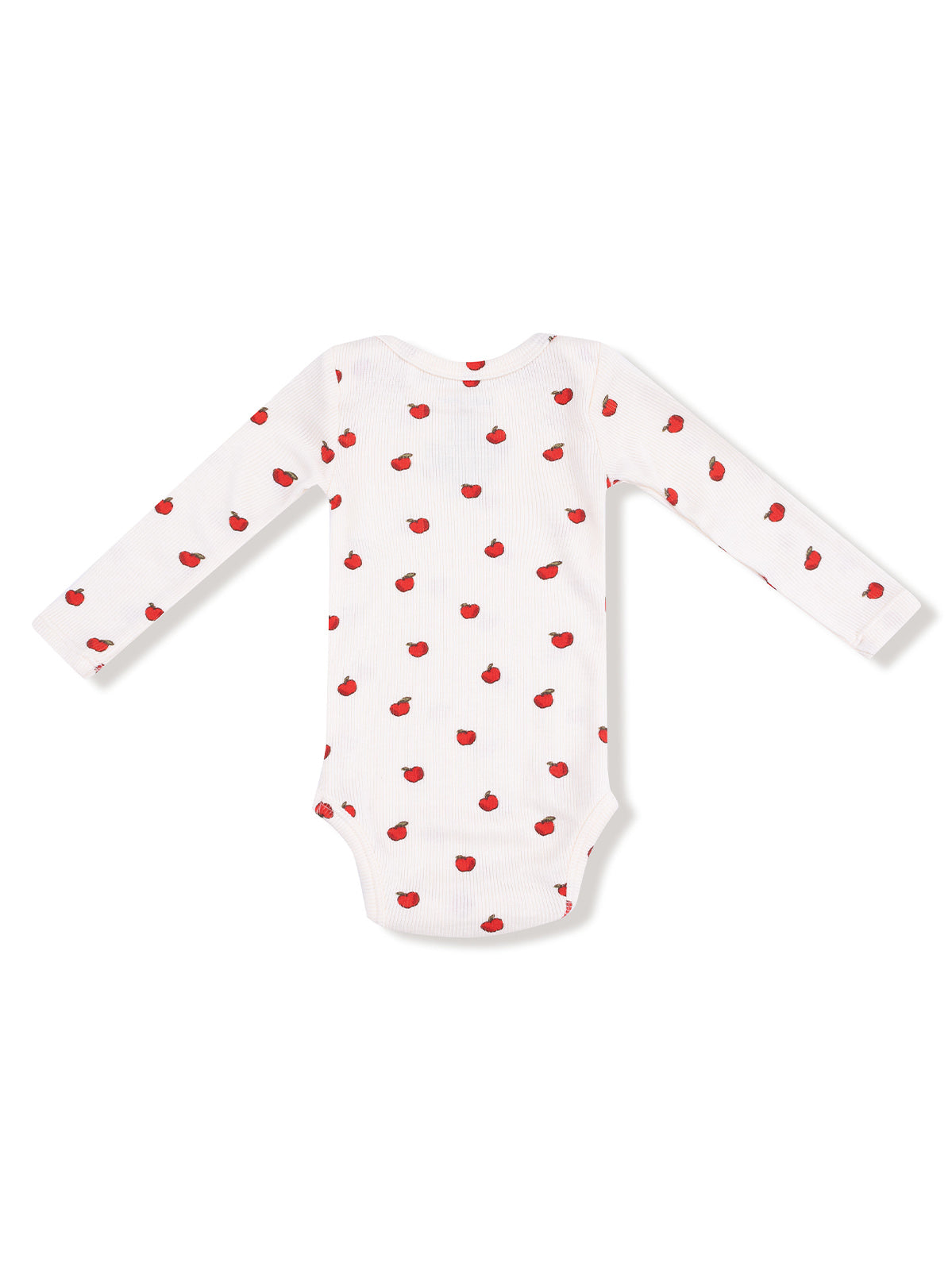 White long-sleeve baby bodysuit with red fruit patterns.