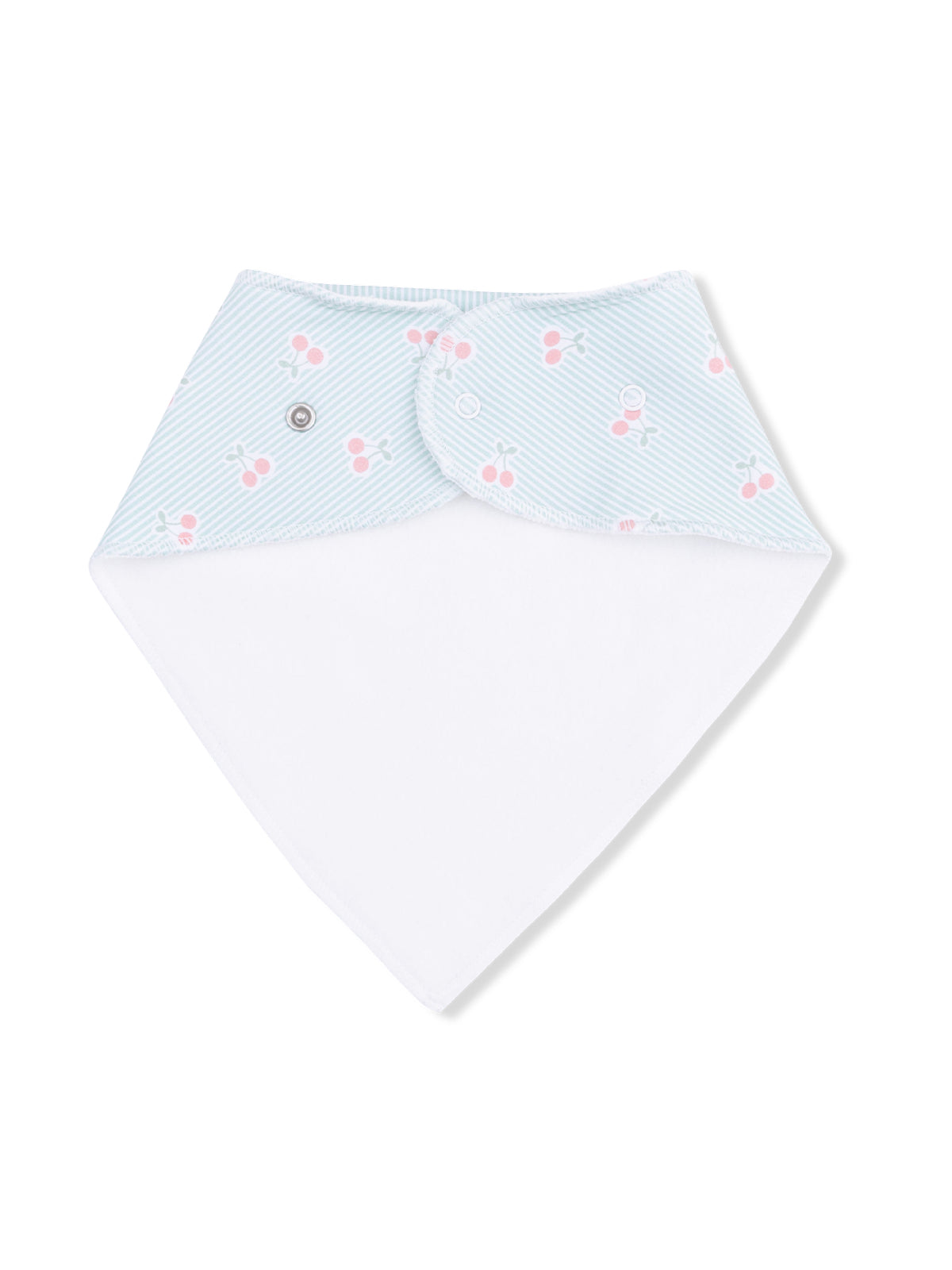 Blue and white bandana bib with pink cherry pattern and snap buttons. Ideal for infants and toddlers.