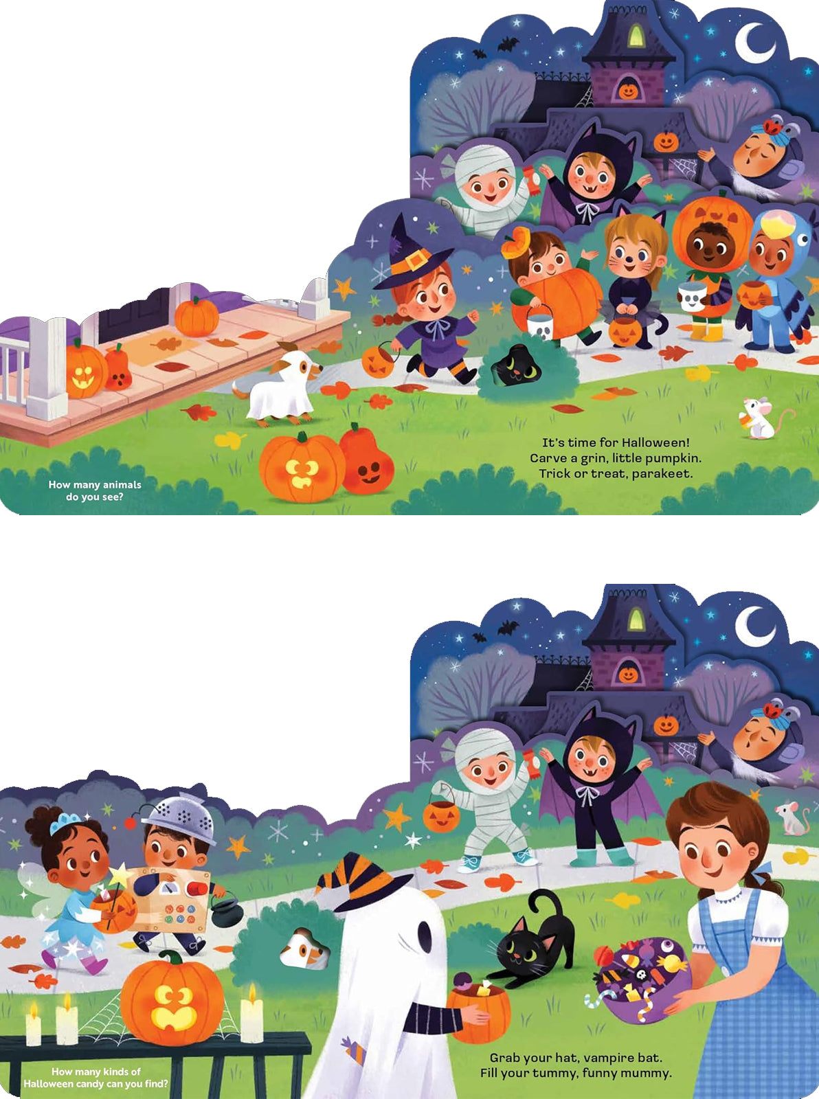 Halloween scene with kids in costumes, pumpkins, animals, and a spooky backdrop. Fun festive atmosphere for children.