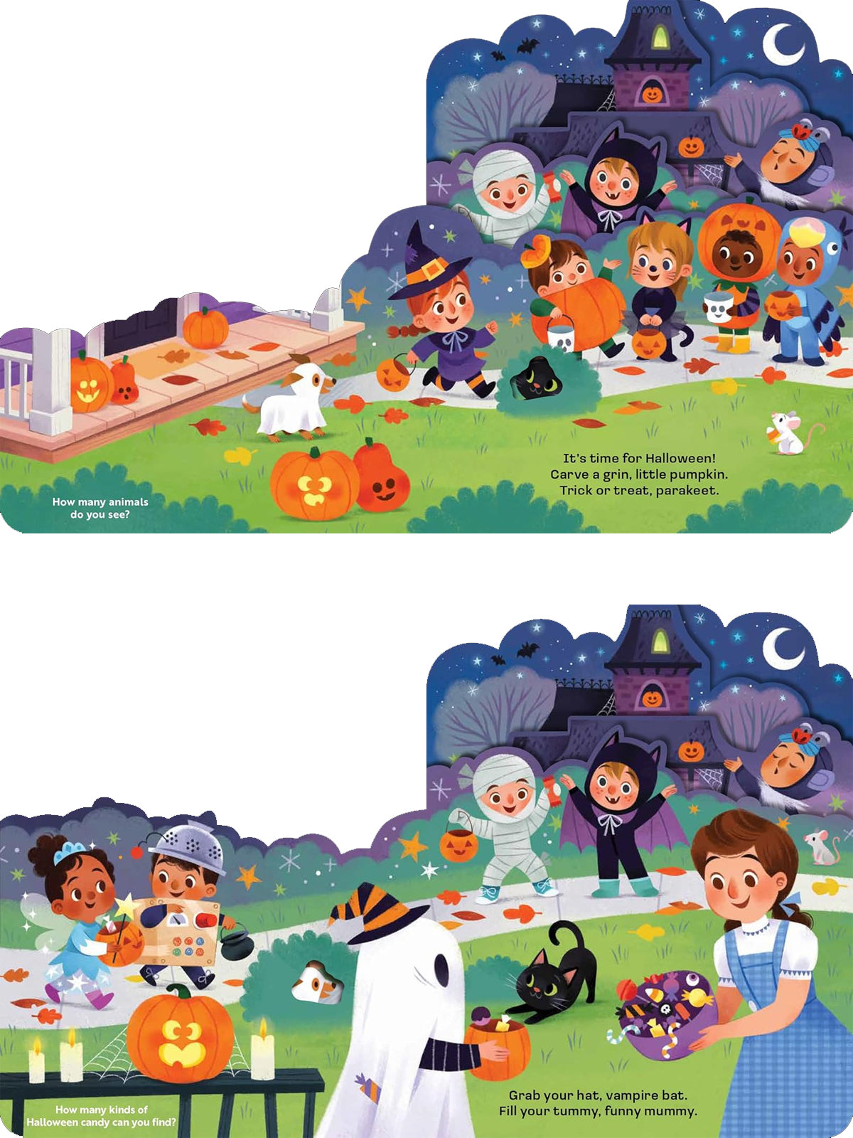 Halloween scene with kids in costumes, pumpkins, animals, and a spooky backdrop. Fun festive atmosphere for children.