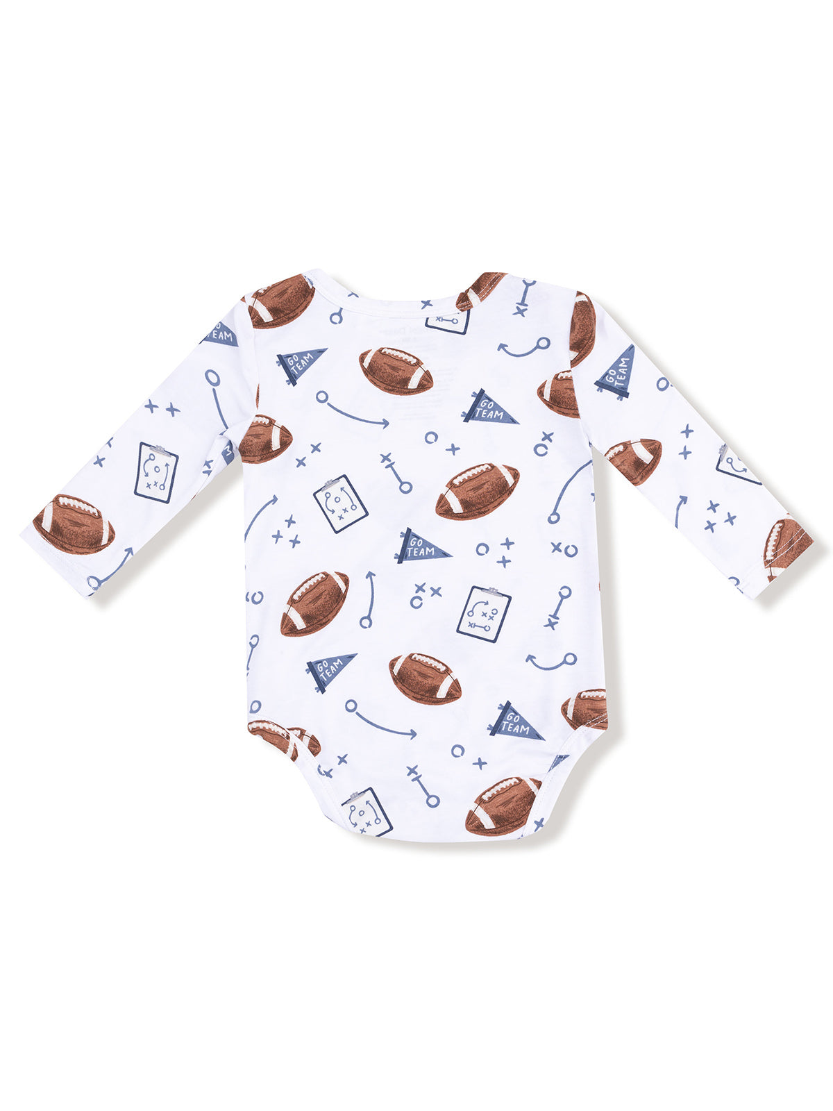 White long-sleeve onesie featuring football and game-themed patterns in blue and brown.