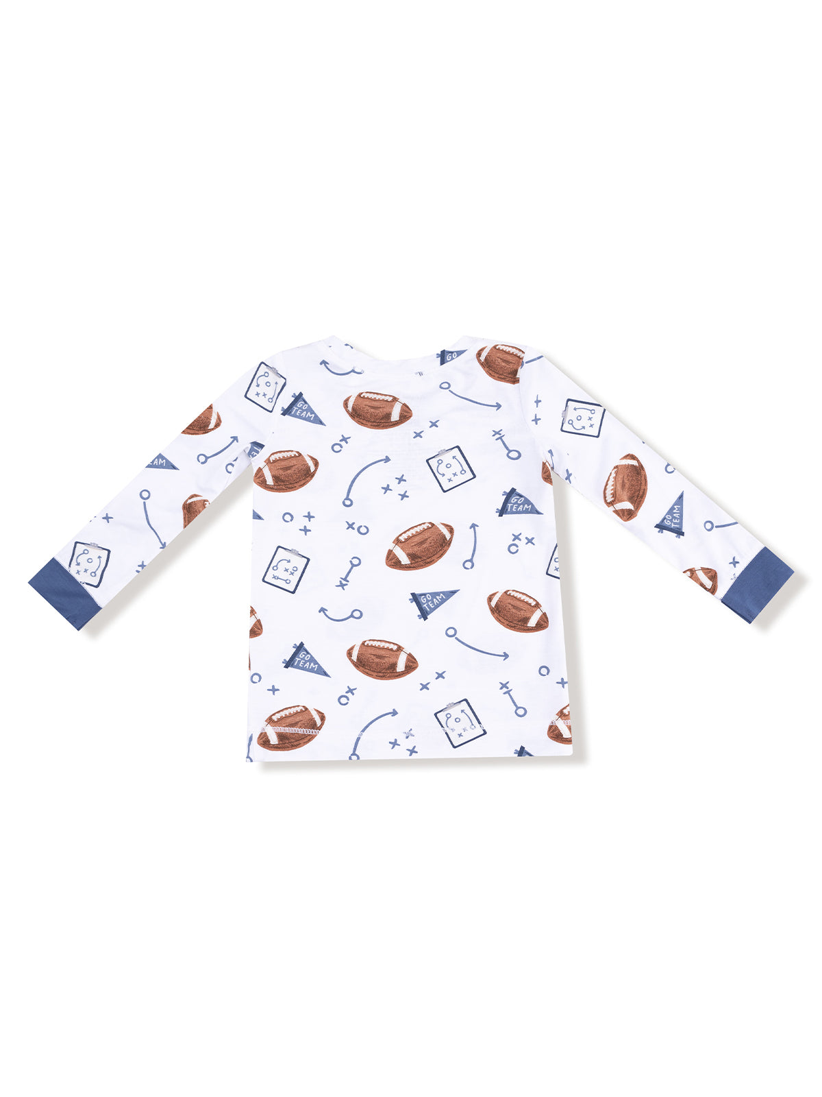 Long-sleeve shirt with football and sports-themed prints in blue and brown on a white background.