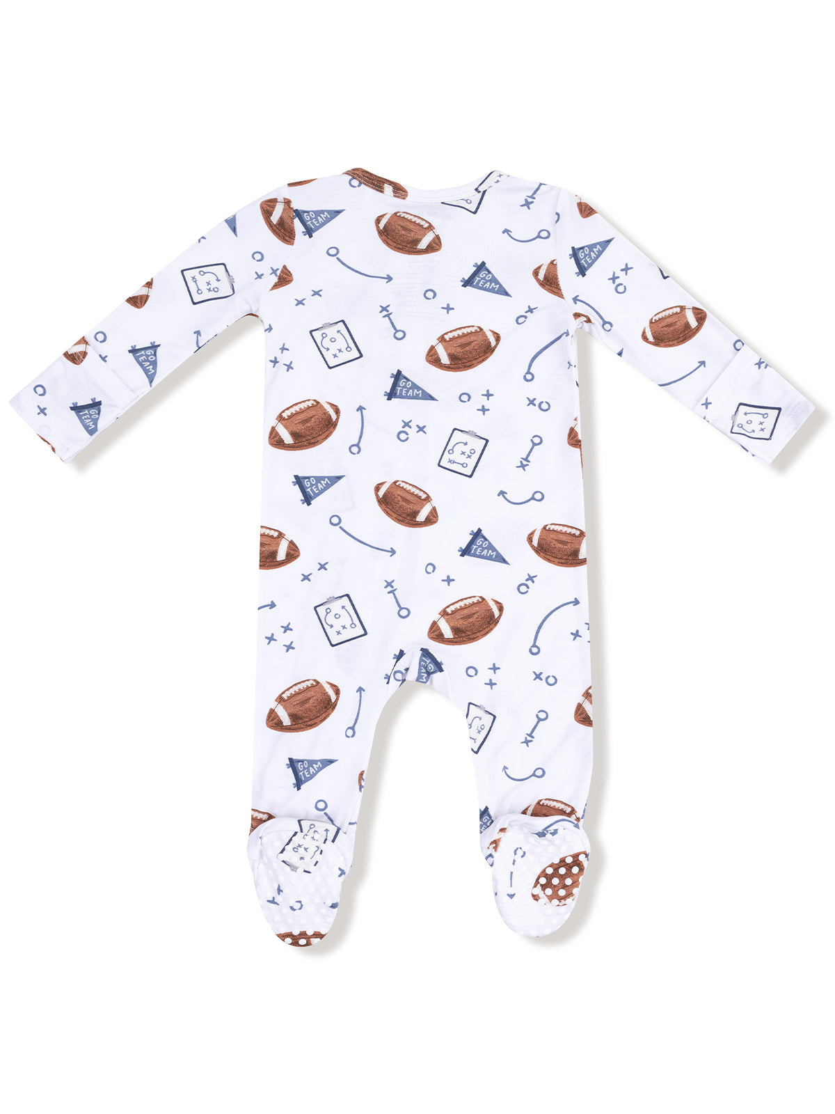 Baby onesie featuring a playful football pattern on a white background with blue accents.
