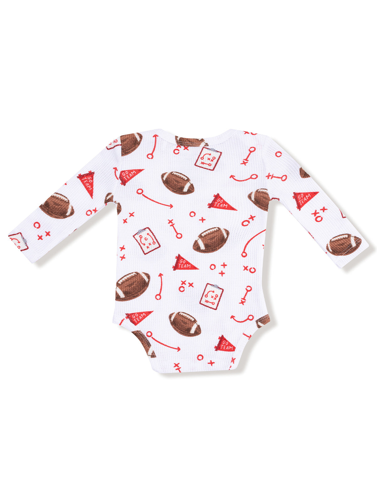 White long-sleeve onesie with a football-themed print in red and brown colors, featuring game elements and text.