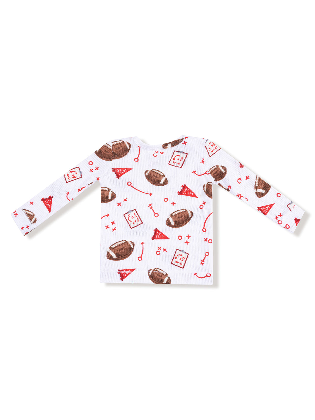 White long-sleeve shirt with red football and sports-themed prints, fun for kids' casual wear.